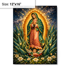 Our Lady of Guadalupe among agave stars metal print on a plain backdrop in size 12"x16".