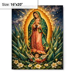 Our Lady of Guadalupe among agave stars metal print on a plain backdrop in size 16"x20".