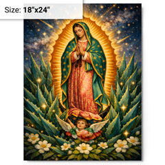 Our Lady of Guadalupe among agave stars metal print on a plain backdrop in size 18"x24".