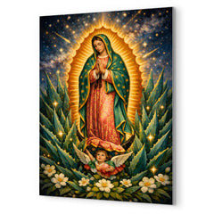 Our Lady of Guadalupe among agave stars metal print mockup