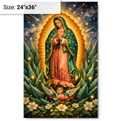Our Lady of Guadalupe among agave stars metal print on a plain backdrop in size 24"x36".