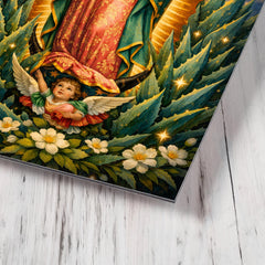 Our Lady of Guadalupe among agave stars metal print mockup
