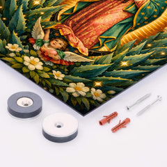 Our Lady of Guadalupe among agave stars metal print mockup