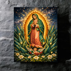 Our Lady of Guadalupe among agave stars metal print mockup