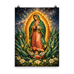 Our Lady of Guadalupe among agave stars poster on a plain backdrop in size 8"x10".