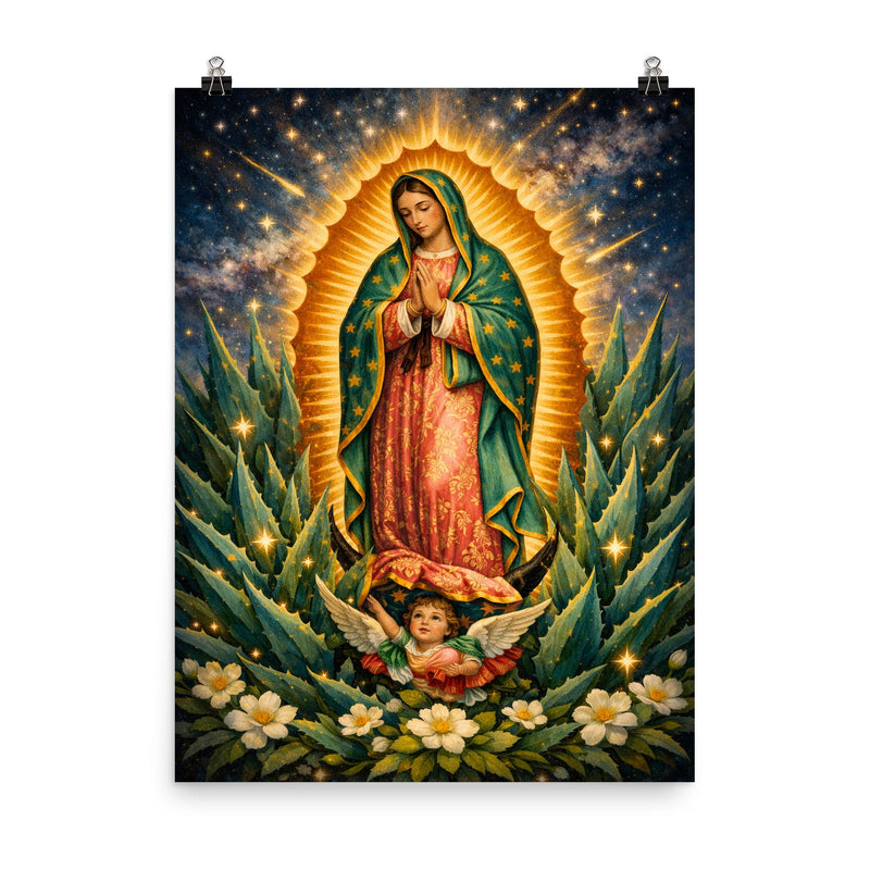 Our Lady of Guadalupe among agave stars poster on a plain backdrop in size 8