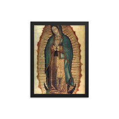 Our Lady of Guadalupe icon c 1531 framed print on a plain backdrop in size 12"x16".