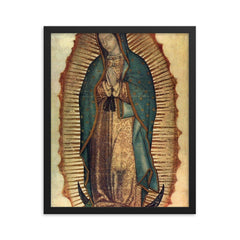 Our Lady of Guadalupe icon c 1531 framed print on a plain backdrop in size 16"x20".