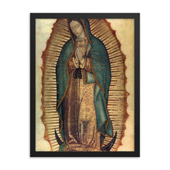 Our Lady of Guadalupe icon c 1531 framed print on a plain backdrop in size 18"x24".