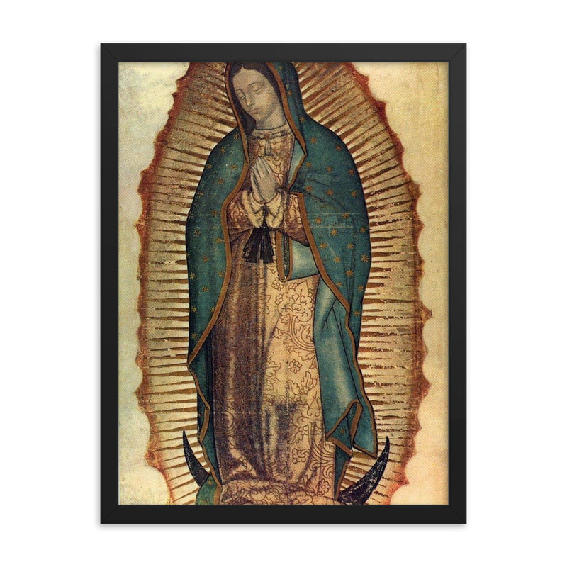 Our Lady of Guadalupe icon c 1531 framed print on a plain backdrop in size 18