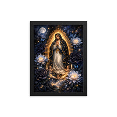 Our Lady of Guadalupe in obsidian night bloom framed print on a plain backdrop in size 12"x16".