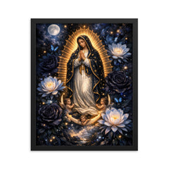 Our Lady of Guadalupe in obsidian night bloom framed print on a plain backdrop in size 16"x20".