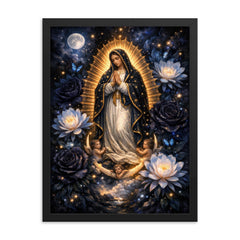 Our Lady of Guadalupe in obsidian night bloom framed print on a plain backdrop in size 18"x24".