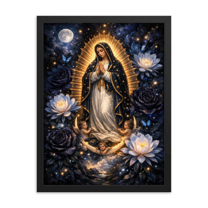 Our Lady of Guadalupe in obsidian night bloom framed print on a plain backdrop in size 18