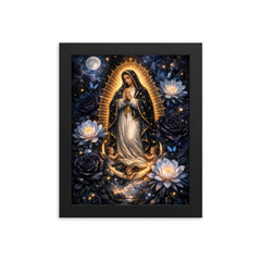 Our Lady of Guadalupe in obsidian night bloom framed print on a plain backdrop in size 8"x10".