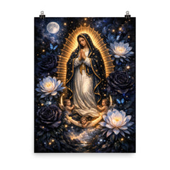 Our Lady of Guadalupe in obsidian night bloom poster on a plain backdrop in size 8"x10".