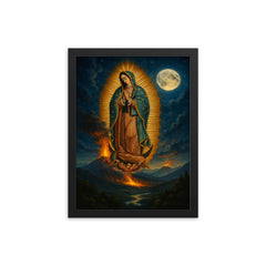 Our Lady of Guadalupe over volcanic moonlit valley framed print on a plain backdrop in size 12"x16".