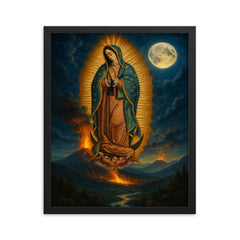 Our Lady of Guadalupe over volcanic moonlit valley framed print on a plain backdrop in size 16"x20".