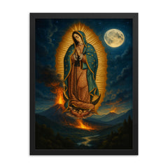 Our Lady of Guadalupe over volcanic moonlit valley framed print on a plain backdrop in size 18"x24".