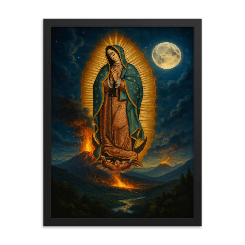 Our Lady of Guadalupe over volcanic moonlit valley framed print on a plain backdrop in size 18