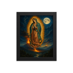 Our Lady of Guadalupe over volcanic moonlit valley framed print on a plain backdrop in size 8"x10".