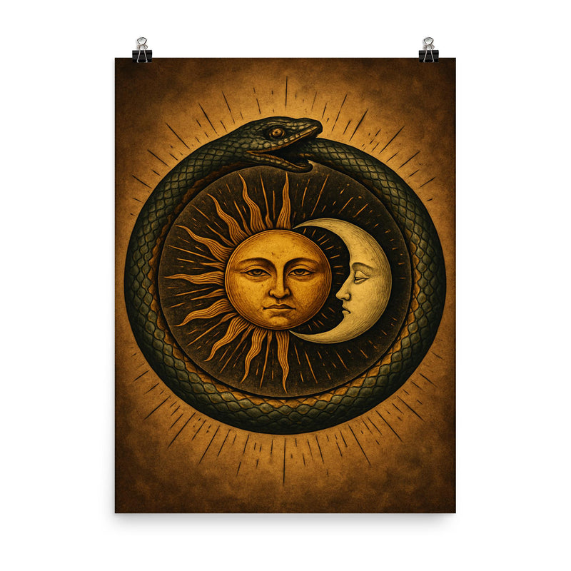 Ouroboros encircling alchemical sun and moon poster on a plain backdrop in size 8