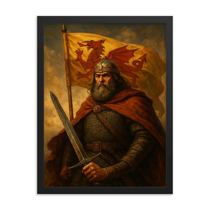 Owain Glyndwr framed print on a plain backdrop in size 18