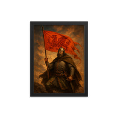 Owain Glyndwr with red dragon war banner framed print on a plain backdrop in size 12"x16".