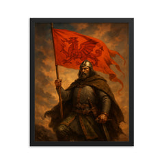 Owain Glyndwr with red dragon war banner framed print on a plain backdrop in size 16"x20".