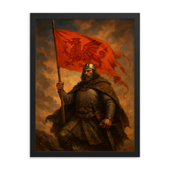 Owain Glyndwr with red dragon war banner framed print on a plain backdrop in size 18"x24".
