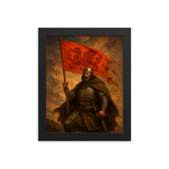 Owain Glyndwr with red dragon war banner framed print on a plain backdrop in size 8"x10".