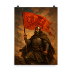 Owain Glyndwr with red dragon war banner poster on a plain backdrop in size 8"x10".