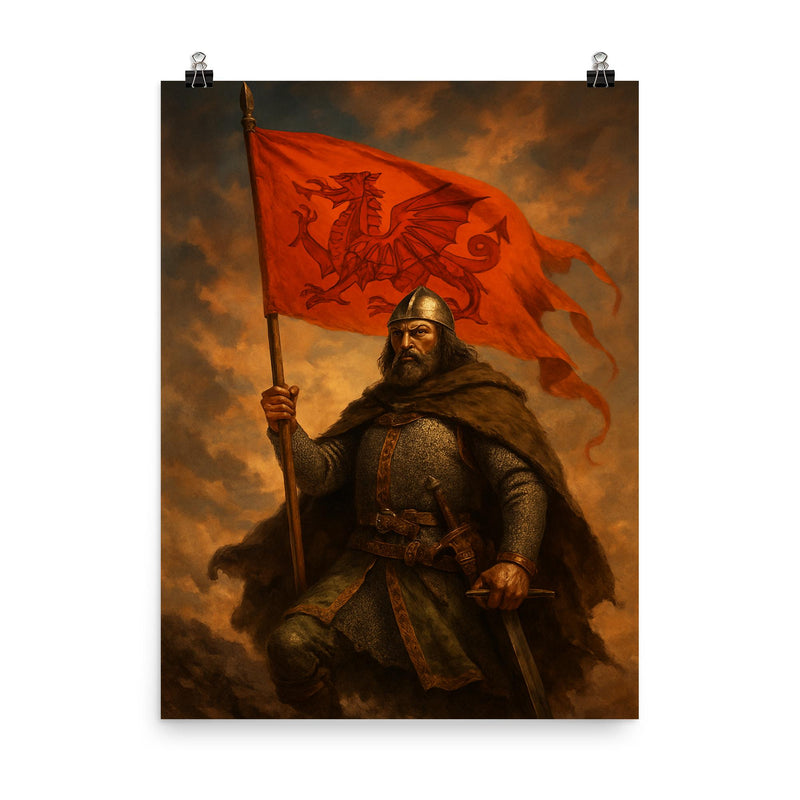 Owain Glyndwr with red dragon war banner poster on a plain backdrop in size 8