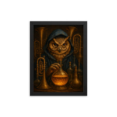 Owl alchemist among brass instruments framed print on a plain backdrop in size 12"x16".