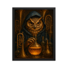 Owl alchemist among brass instruments framed print on a plain backdrop in size 16"x20".