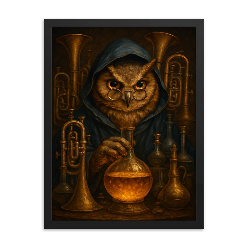 Owl alchemist among brass instruments framed print on a plain backdrop in size 18
