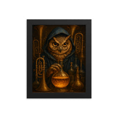 Owl alchemist among brass instruments framed print on a plain backdrop in size 8"x10".