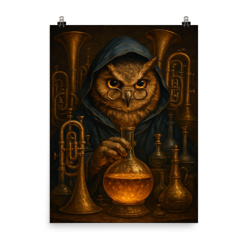 Owl alchemist among brass instruments poster on a plain backdrop in size 8