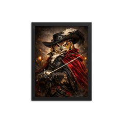Owl duelist with rapier and velvet cloak framed print on a plain backdrop in size 12"x16".