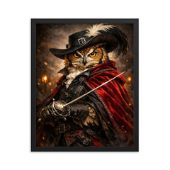 Owl duelist with rapier and velvet cloak framed print on a plain backdrop in size 16"x20".