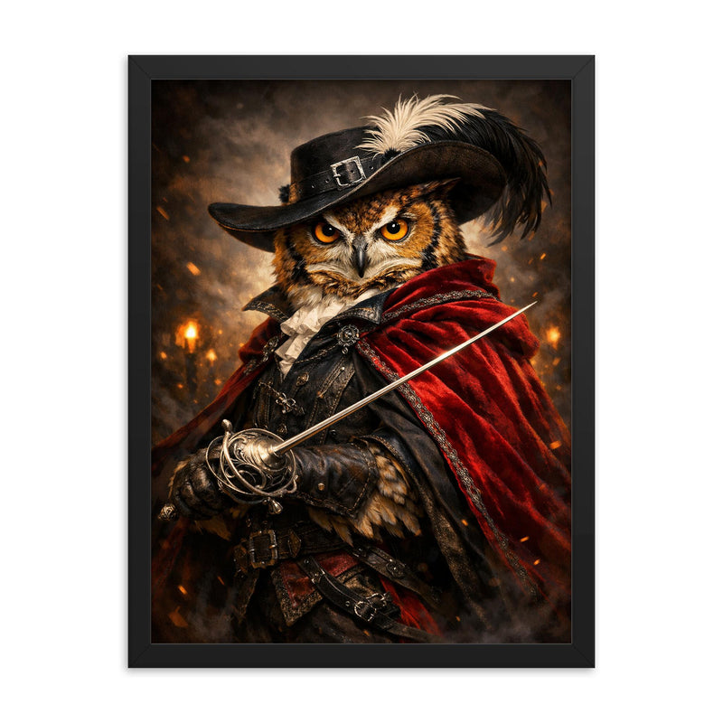 Owl duelist with rapier and velvet cloak framed print on a plain backdrop in size 18