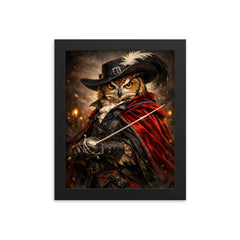 Owl duelist with rapier and velvet cloak framed print on a plain backdrop in size 8"x10".