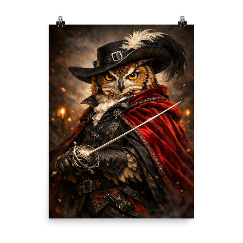 Owl duelist with rapier and velvet cloak poster on a plain backdrop in size 8