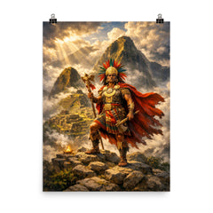 Pachacuti before Machu Picchu in cloudbreak poster on a plain backdrop in size 8"x10".