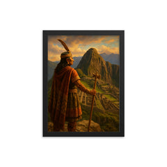 Pachacuti viewing Machu Picchu from the heights framed print on a plain backdrop in size 12"x16".