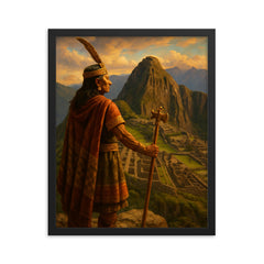 Pachacuti viewing Machu Picchu from the heights framed print on a plain backdrop in size 16"x20".