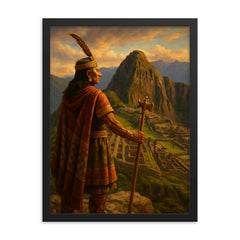 Pachacuti viewing Machu Picchu from the heights framed print on a plain backdrop in size 18"x24".