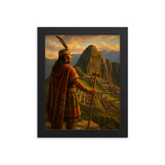 Pachacuti viewing Machu Picchu from the heights framed print on a plain backdrop in size 8"x10".