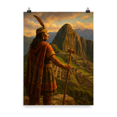 Pachacuti viewing Machu Picchu from the heights poster on a plain backdrop in size 8"x10".