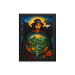 Pachamama Andean mother earth with condor mantle framed print on a plain backdrop in size 12"x16".